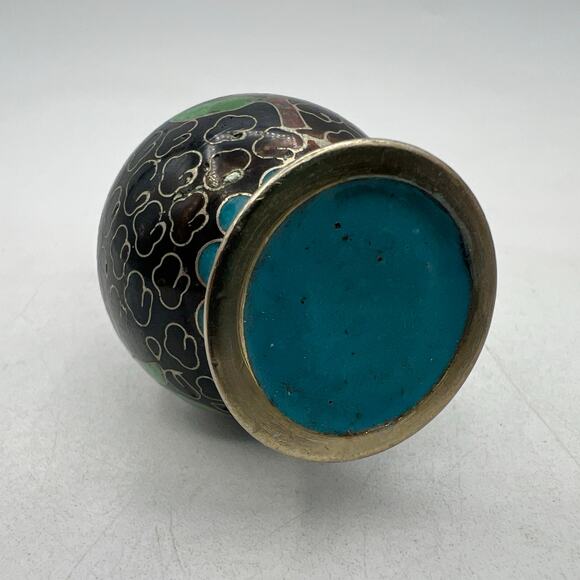 Vtg Miniature Cloisonné Enamel Brass Bud Vase Black Blue White 3" Floral Lotus - Picture 5 of 5